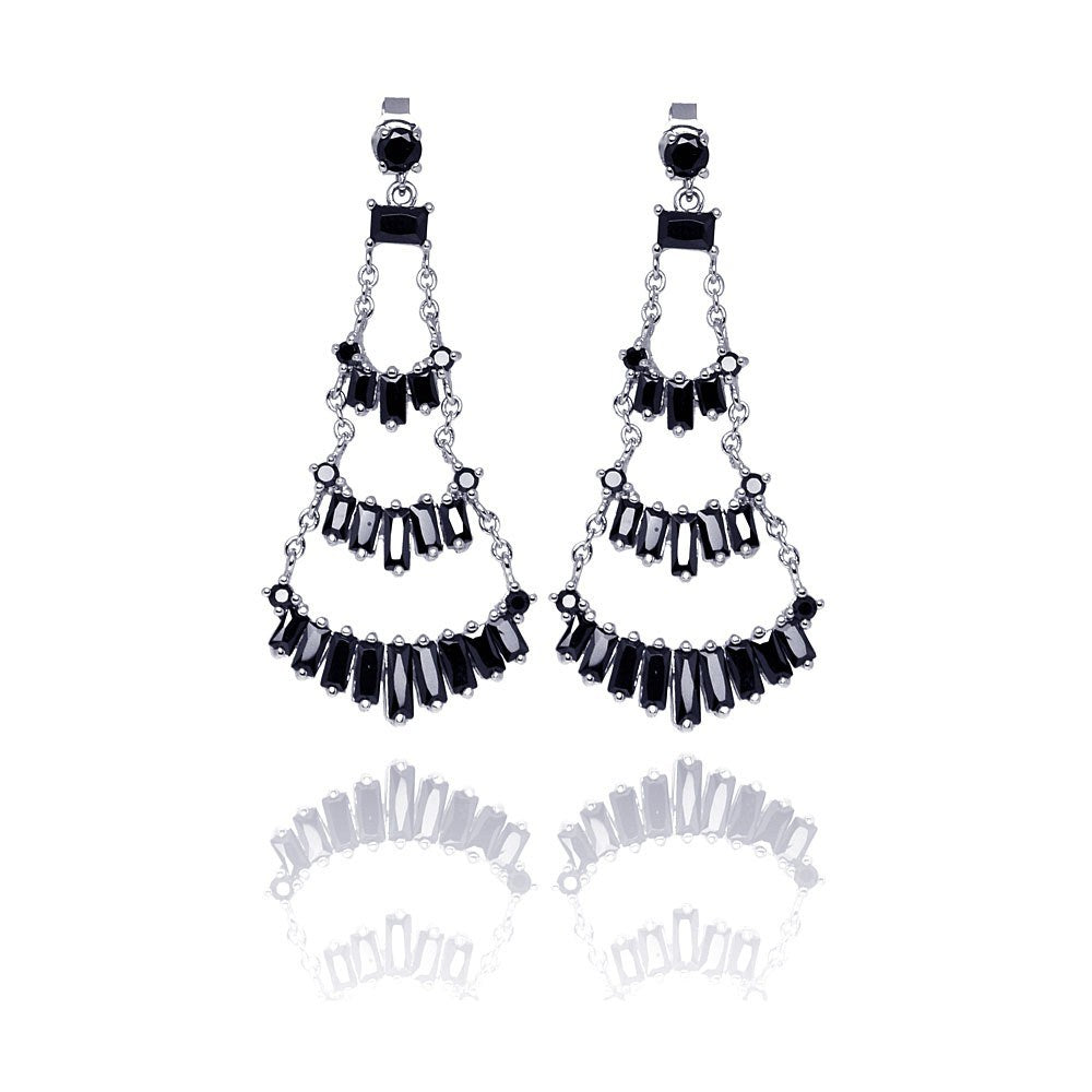 Sterling Silver Elegant Multi Straight Baguette Black Czs Chandelier Dangle Stud Earring