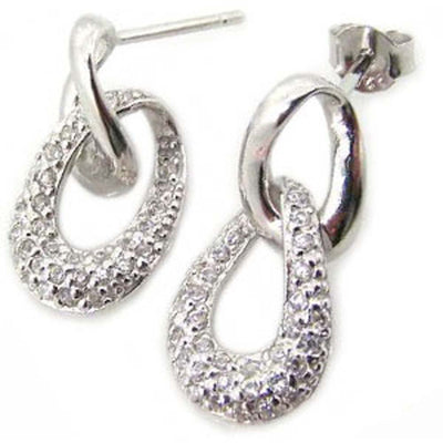 Sterling Silver Open Teardrop Design Dangling Earring Inlaid with clear Cz Stones. Earring Dimensions of 21.5MM x 10.4MM