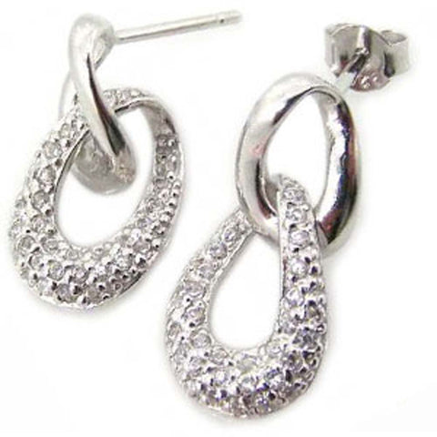 Sterling Silver Open Teardrop Design Dangling Earring Inlaid with clear Cz Stones. Earring Dimensions of 21.5MM x 10.4MM