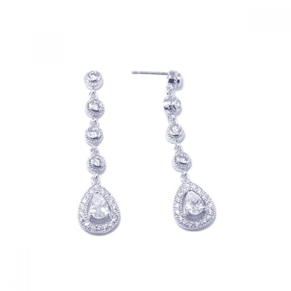 Sterling Silver Classy Multi Round Cut Clear Cz Link and Pear Shaped Clear Cz with Paved Halo Setting Dangle Stud Earring