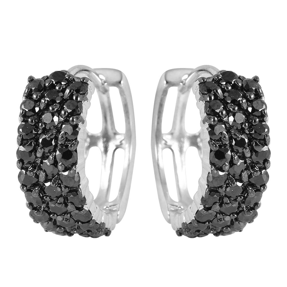 Sterling Silver Nickel Free Black Rhodium And Rhodium Plated Three Lines Shaped Huggie Earrings With Black CZ Stones