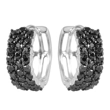 Load image into Gallery viewer, Sterling Silver Nickel Free Black Rhodium And Rhodium Plated Three Lines Shaped Huggie Earrings With Black CZ Stones
