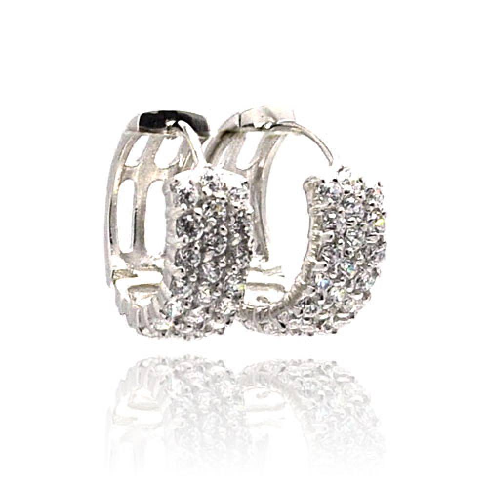 Sterling Silver Nickel Free Rhodium Plated Three Lines Shaped Huggie Earrings With CZ Stones