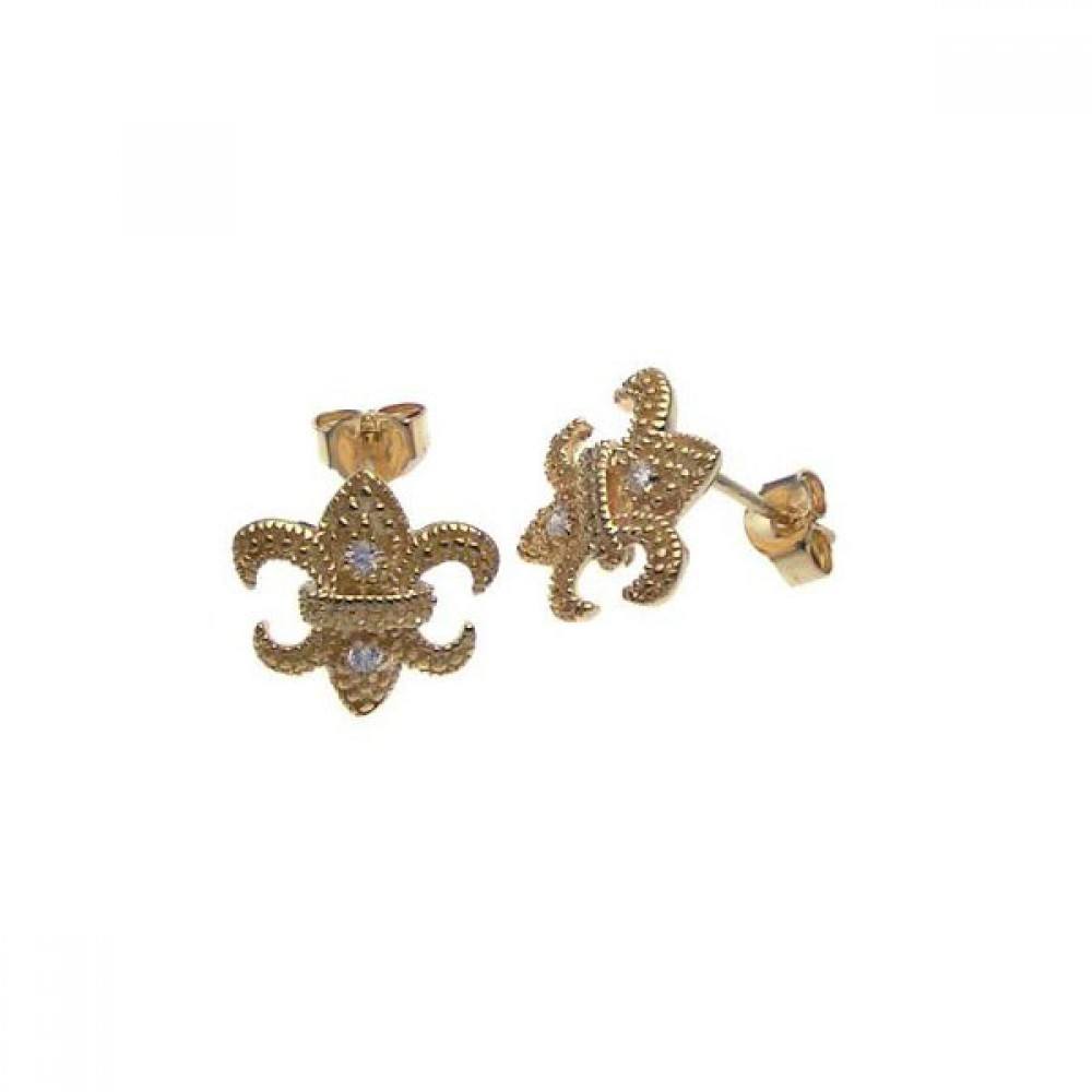 Sterling Silver Yellow Gold Plated Fashionable Fleur De Lis With CZ Stud EarringsAnd Earring Dimensions of 14MMx13MM