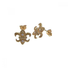 Load image into Gallery viewer, Sterling Silver Yellow Gold Plated Fashionable Fleur De Lis With CZ Stud EarringsAnd Earring Dimensions of 14MMx13MM