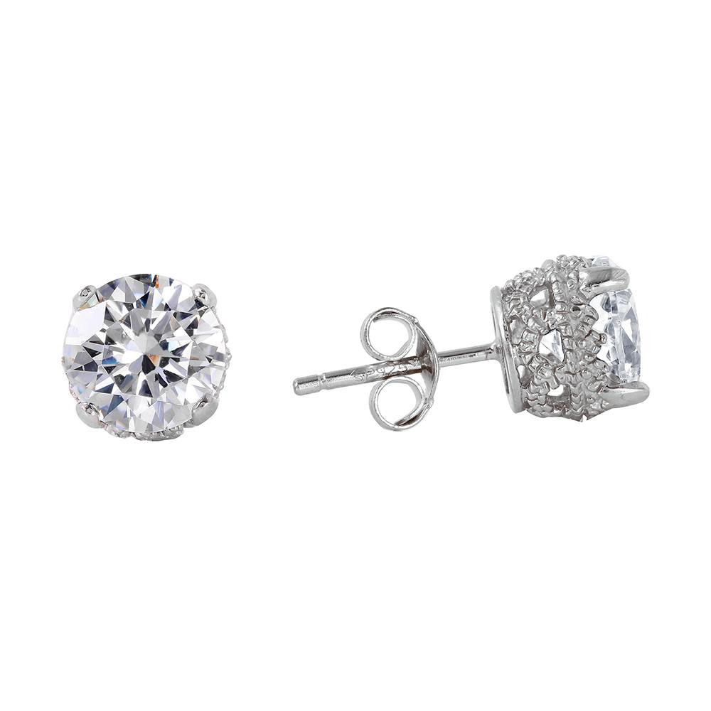 Sterling Silver Rhodium Plated Round Shaped  Stud Earrings With CZ Stones
