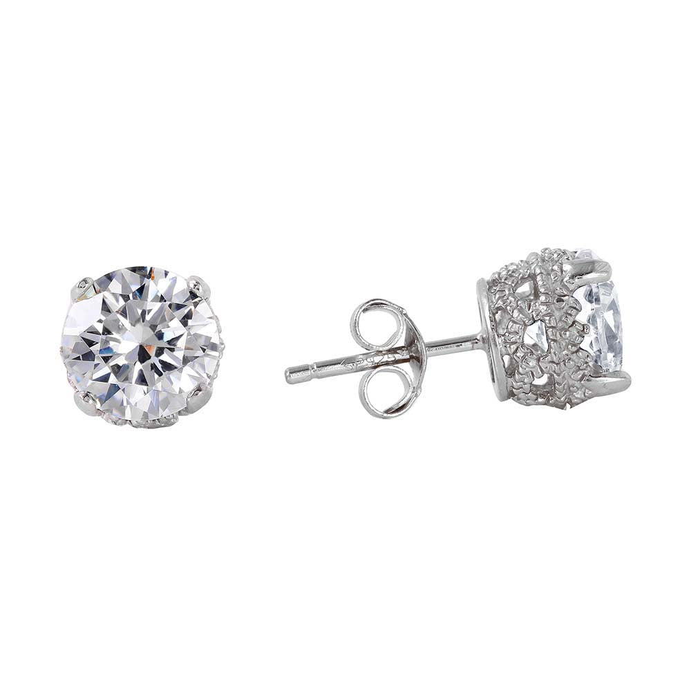 Sterling Silver Rhodium Plated 8MM Round Clear CZ Stud Earrings with Vintage Designs and Friction Back Post