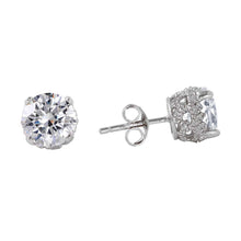 Load image into Gallery viewer, Sterling Silver Rhodium Plated 8MM Round Clear CZ Stud Earrings with Vintage Designs and Friction Back Post