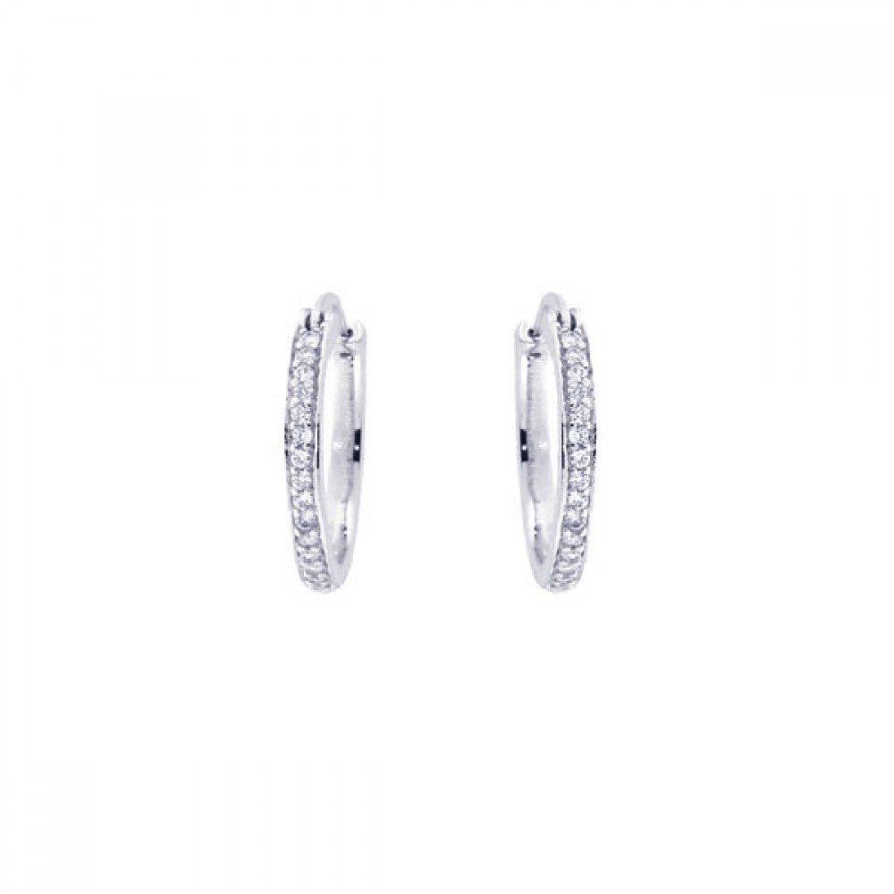 Sterling Silver Nickel Free Rhodium Plated Round Shape Hoop Earrings With CZ Stones