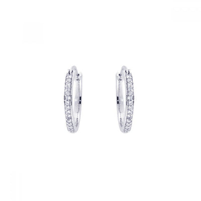 Sterling Silver Nickel Free Rhodium Plated Round Shape Hoop Earrings With CZ Stones