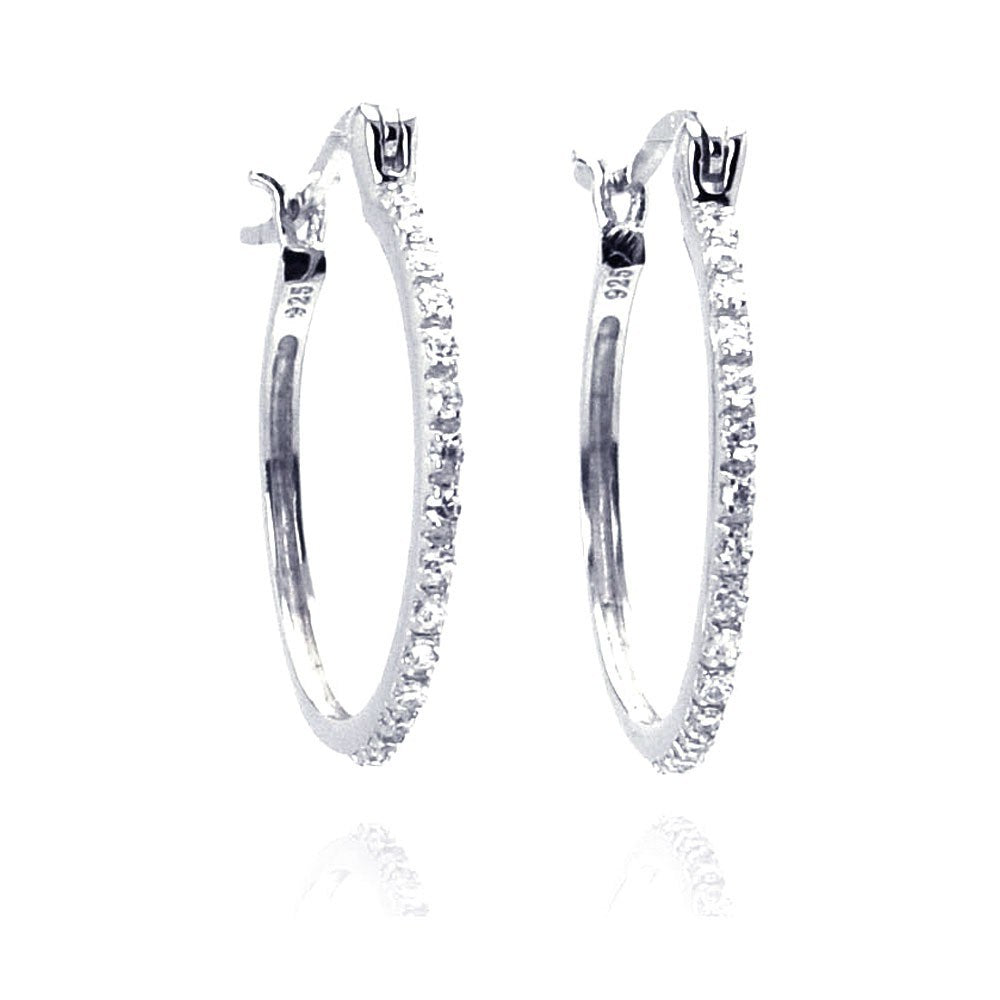 Sterling Silver Nickel Free Rhodium Plated Round Shape Hoop Earrings With CZ Stones