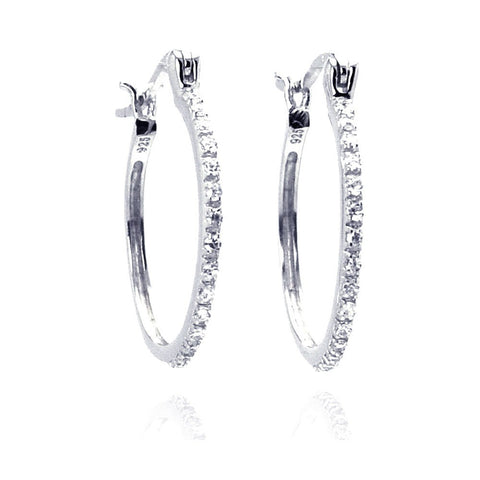 Sterling Silver Nickel Free Rhodium Plated Round Shape Hoop Earrings With CZ Stones