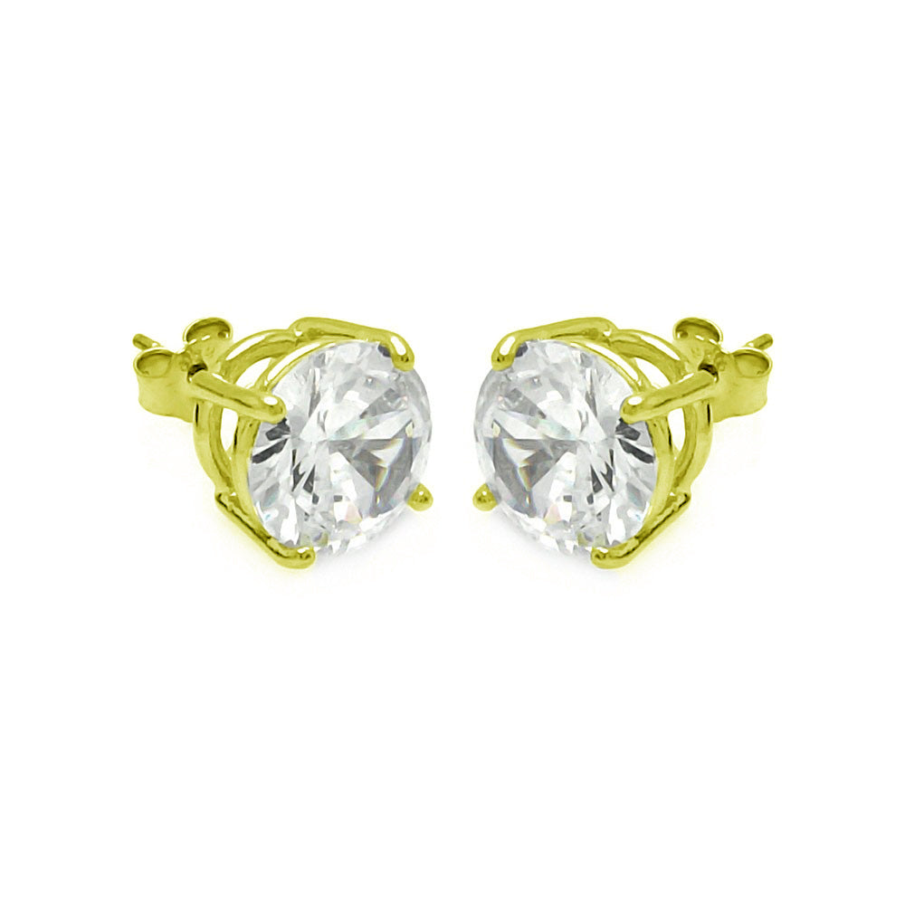 Sterling Silver Gold Plated Round Clear CZ Stud Earrings