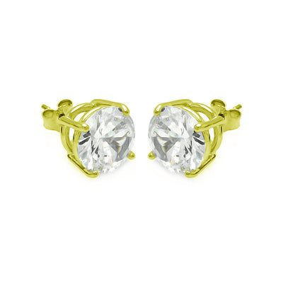 Sterling Silver Gold Plated Round Clear CZ Stud Earrings
