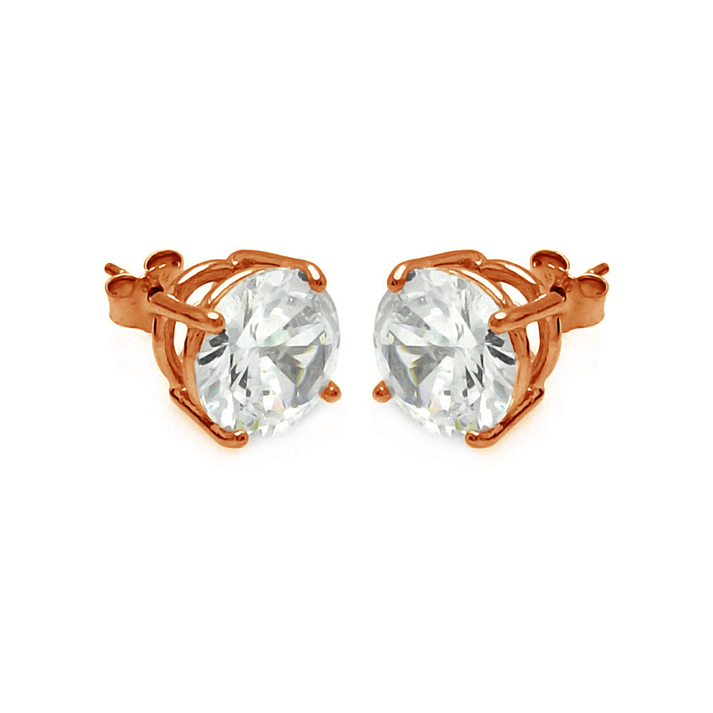 Sterling Silver Rose Gold Plated Round Clear CZ Stud Earrings