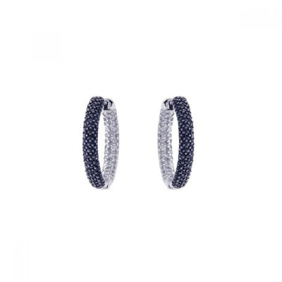 Sterling Silver Nickel Free Rhodium Plated Round Shape Hoop Earrings With Black CZ Stones