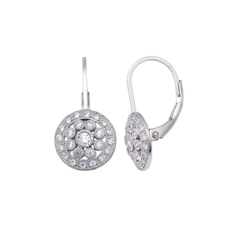 Sterling Silver Antique Style Filigree Round Shaped Desing Embedded with Clear Czs Leverback Earring