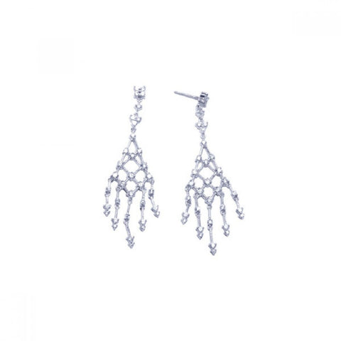 Sterling Silver Fancy Net Design Embedded with Clear Czs Chandelier Dangle Stud Earring