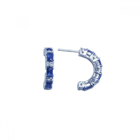 Sterling Silver Classic Half Hoop Stud Earring Set with Clear and Baguette Blue Czs