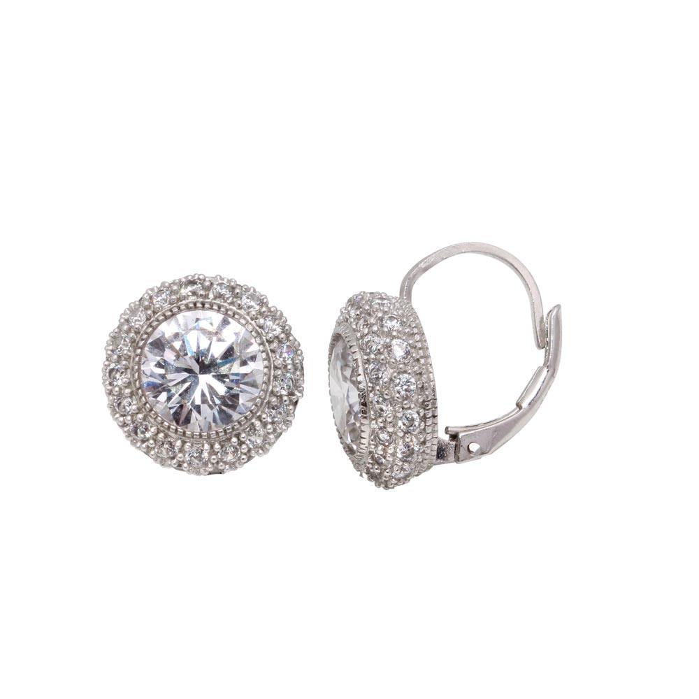 Sterling Silver Classy Round Cut Clear Cz with Paved Halo Setting Leverback Earring