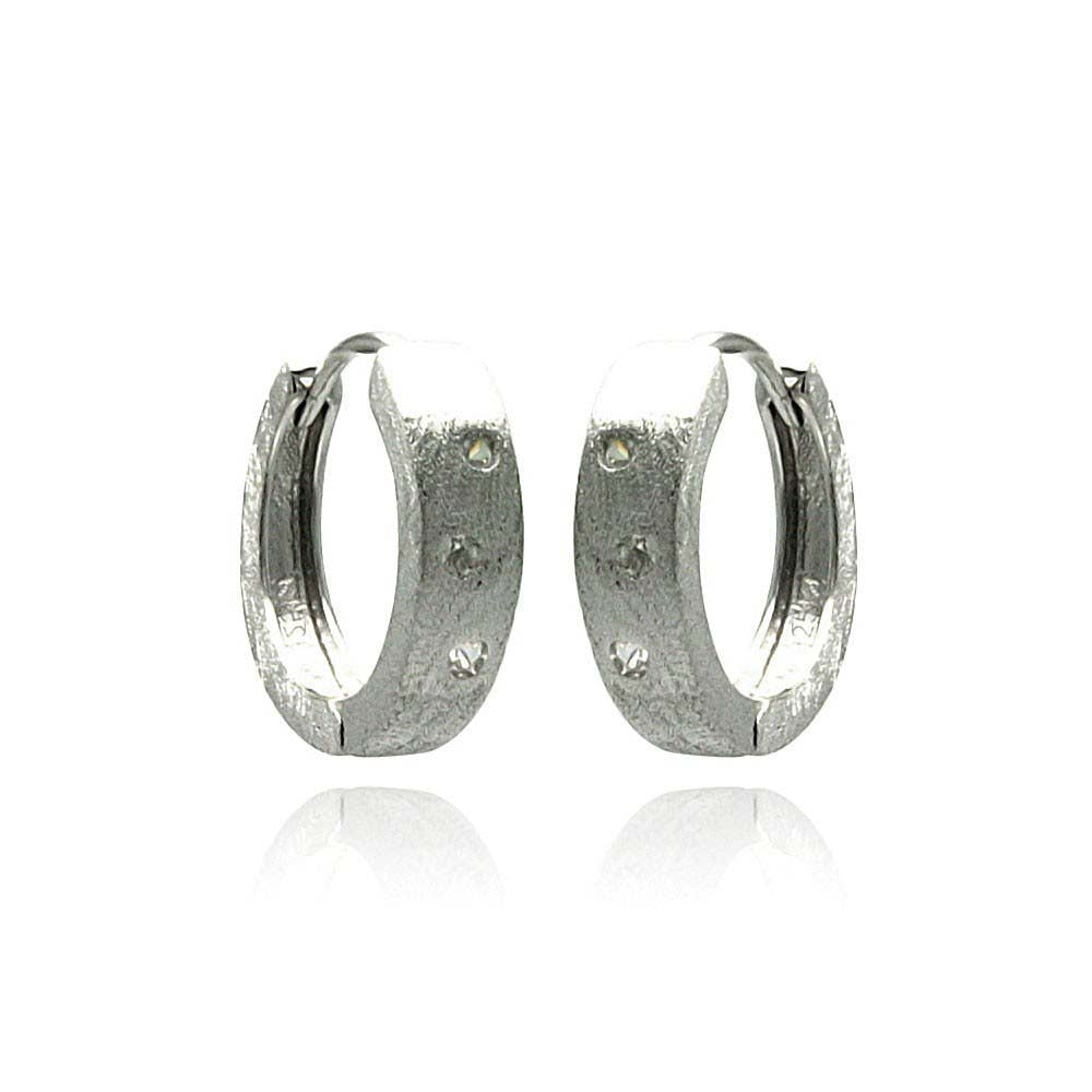 Sterling Silver Matte Finish Huggie Hoop Earring Inlaid with Clear CzsAnd Earring Dimensions of 15MMx3MM