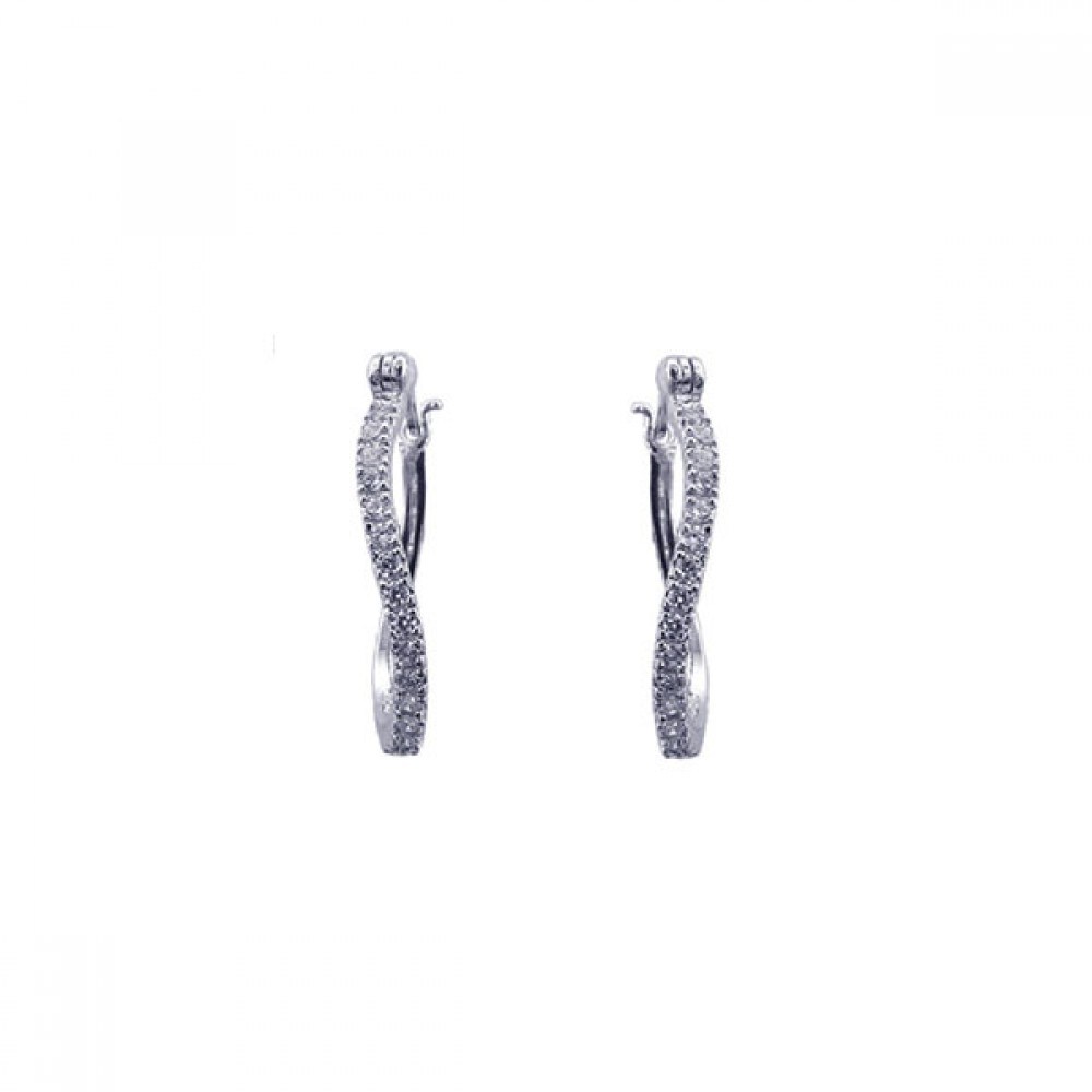 Sterling Silver Nickel Free Rhodium Plated Twisted Round Hoop Earrings With CZ Stones
