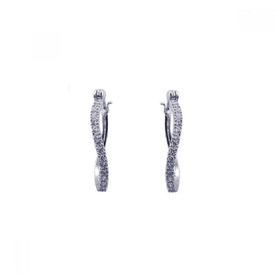Sterling Silver Nickel Free Rhodium Plated Twisted Round Hoop Earrings With CZ Stones