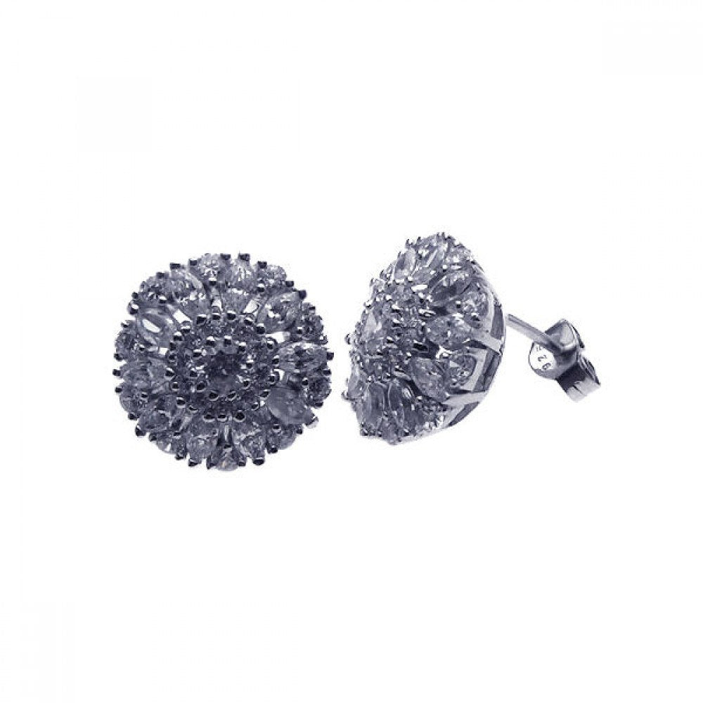 Sterling Silver Nickel Free Rhodium Plated Round Marquise Flower Shaped Stud Earring With CZ Stones