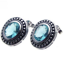 Load image into Gallery viewer, Sterling Silver Oxidized Rhodium Plated Antique Style Round Frame with Beaded Edge and Centered Round Cut Blue Cz Stud Earring