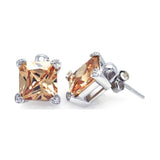 Sterling Silver Nickel Free Rhodium Plated Square Shaped Stud Earring With Champagne CZ