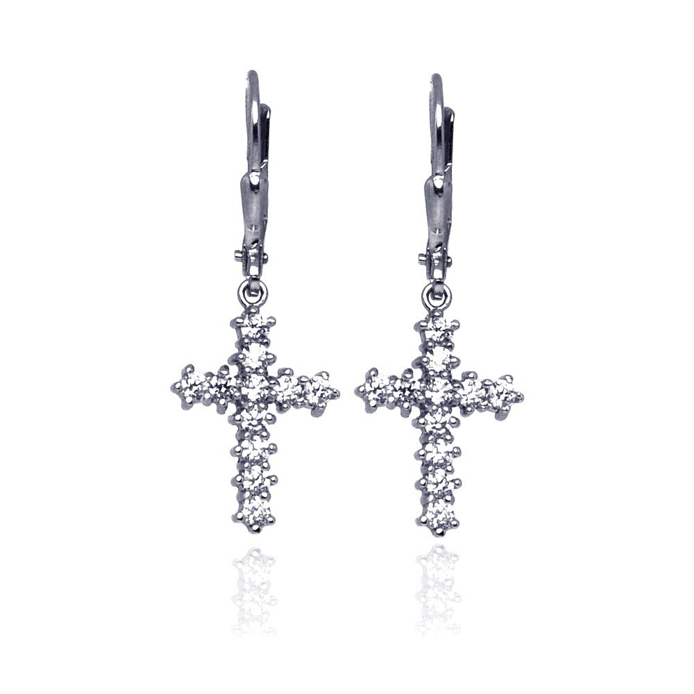 Sterling Silver Stylish Cross Design Set with Clear Czs Dangle Leverback Earring