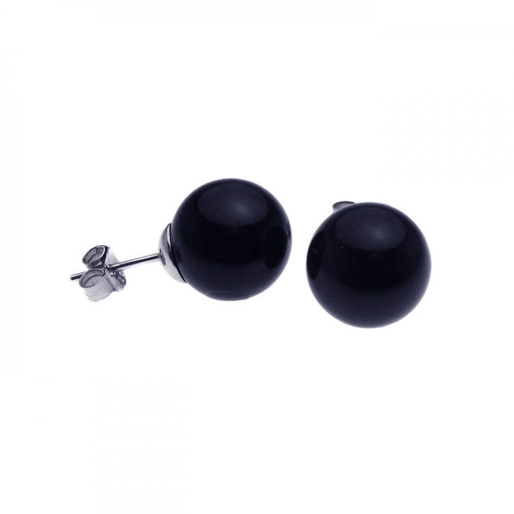Sterling Silver Nickel Free Rhodium Plated Round With Black Pearl  Stud Earring
