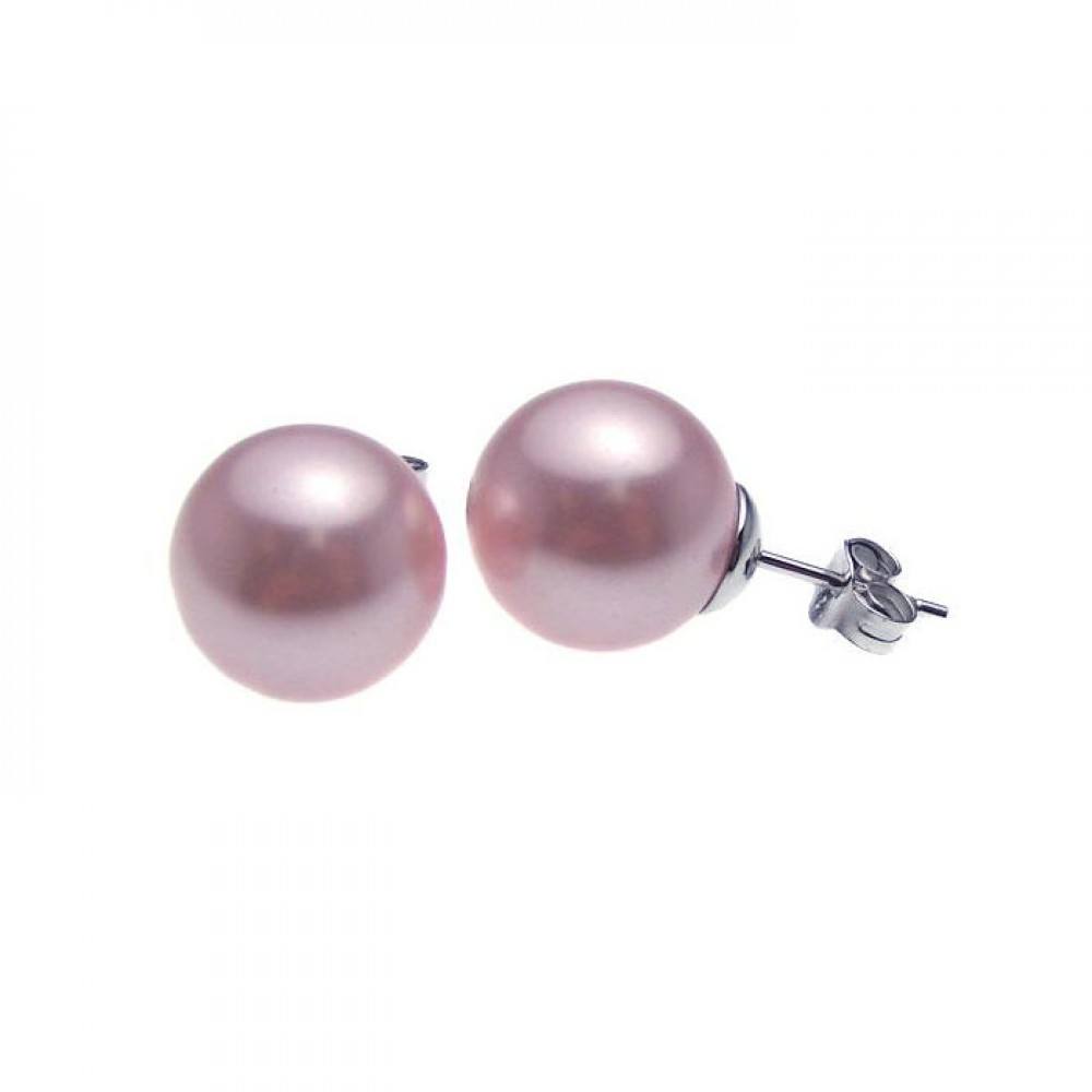 Sterling Silver Rhodium Plated Round Pink Pearl Stud Earrings