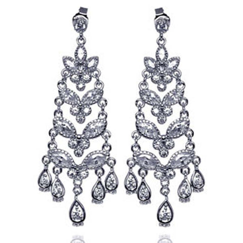 Sterling Silver Fancy Design with RoundAnd Marqui and Pear Shaped Cut Clear Czs Chandelier Dangle Stud Earring