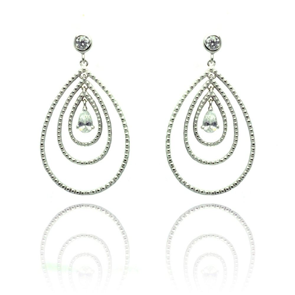 Sterling Silver Fancy Three Layered Graduated Beaded Teardrop Design with Centered Clear Cz Dangle Stud Earring