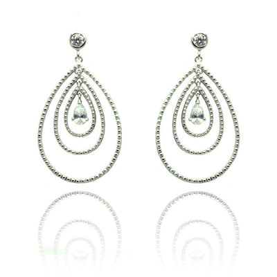 Sterling Silver Fancy Three Layered Graduated Beaded Teardrop Design with Centered Clear Cz Dangle Stud Earring