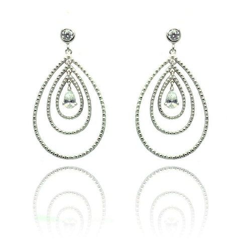 Sterling Silver Fancy Three Layered Graduated Beaded Teardrop Design with Centered Clear Cz Dangle Stud Earring