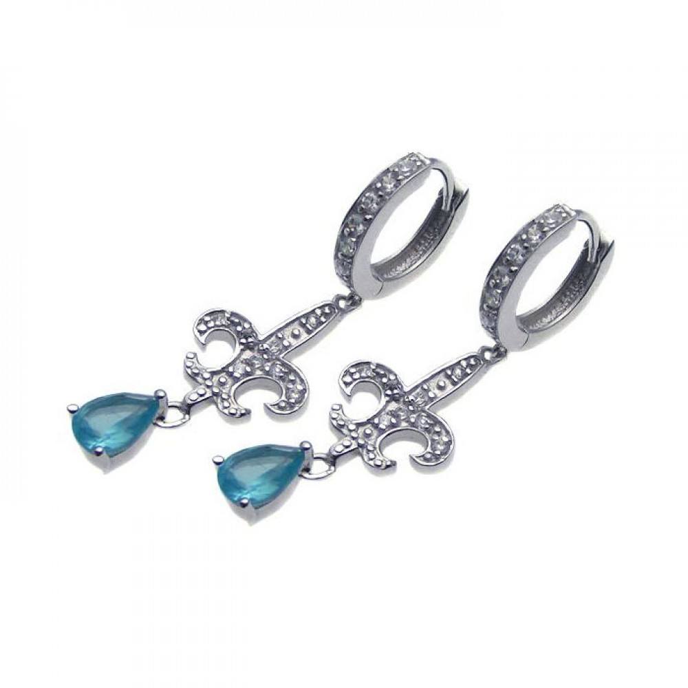 Sterling Silver Modish Fleur De Lis Design Embedded with Clear Czs and Single Pear Shaped Cut Blue Cz Huggie Hoop Earring