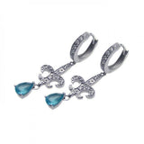 Sterling Silver Modish Fleur De Lis Design Embedded with Clear Czs and Single Pear Shaped Cut Blue Cz Huggie Hoop Earring