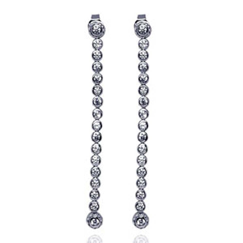 Sterling Silver Stylish Long Strand Multi Round Cut Clear Czs on Bezel Setting Dangle Stud Earring