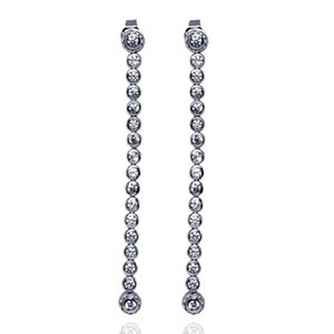 Sterling Silver Stylish Long Strand Multi Round Cut Clear Czs on Bezel Setting Dangle Stud Earring