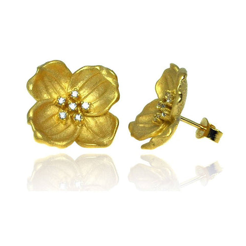 Sterling Silver Gold Plated Fancy Plumeria Design Embedded with Clear Czs Stud Earring