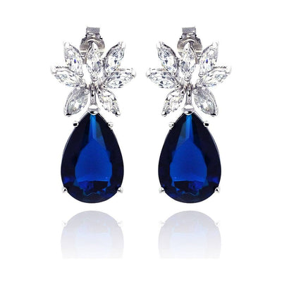 Sterling Silver  Nickel Free Rhodium Plated Blue Teardrop And Clear Marquise CZ Dangling Stud Earring