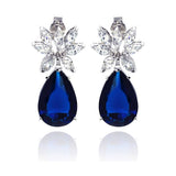 Sterling Silver  Nickel Free Rhodium Plated Blue Teardrop And Clear Marquise CZ Dangling Stud Earring