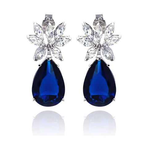 Sterling Silver  Nickel Free Rhodium Plated Blue Teardrop And Clear Marquise CZ Dangling Stud Earring