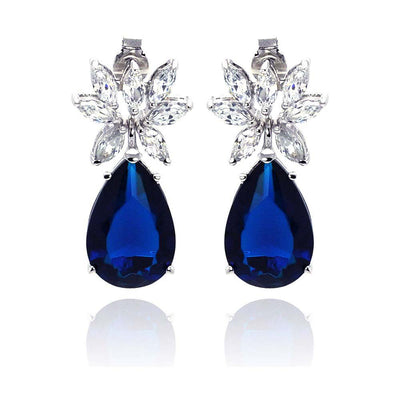 Sterling Silver Fancy Flower Clear Cz with Prong Set Pearshaped Cut Blue Cz Drop Dangle Stud Earring