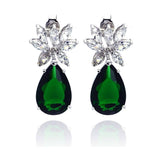 Sterling Silver Nickel Free Rhodium Plated Green Teardrop Dangling Stud Earrings With CZ Stones