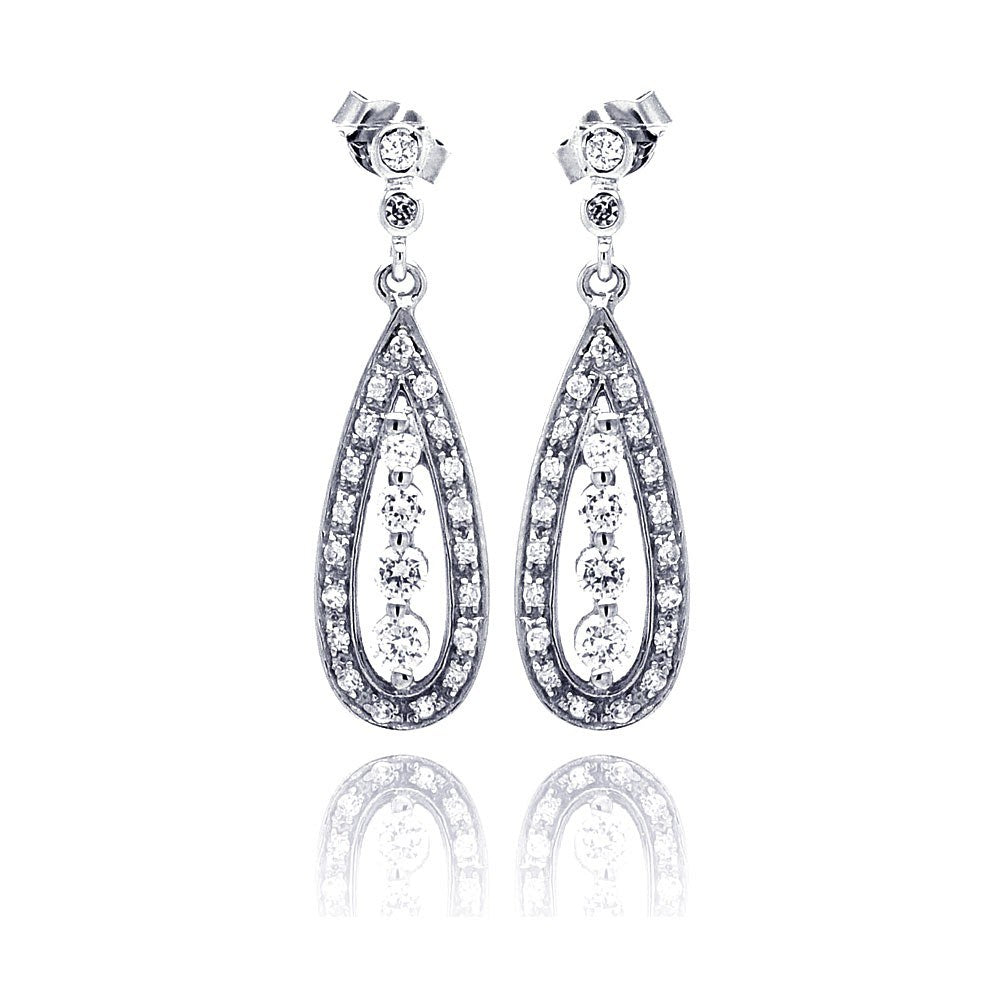 Sterling Silver Elegant Paved Teardrop Design with Centered Graduated Round Cut Clear Czs Dangle Stud Earring