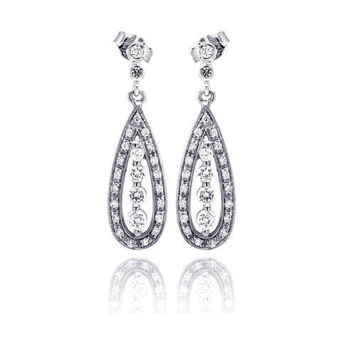 Sterling Silver Elegant Paved Teardrop Design with Centered Graduated Round Cut Clear Czs Dangle Stud Earring