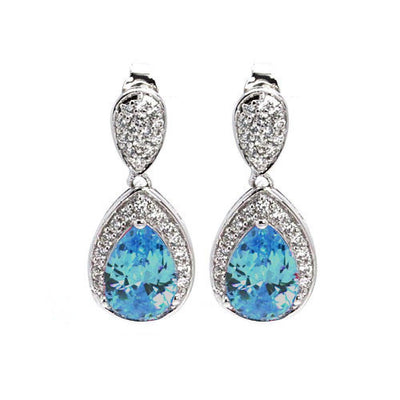 Sterling Silver Nickel Free Rhodium Plated Blue Teardrop And Clear CZ  Dangling Stud Earring